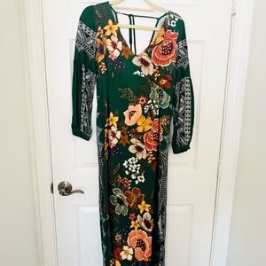 FARM Rio Green Floral Maxi Dress with Orange & Yellow Accents